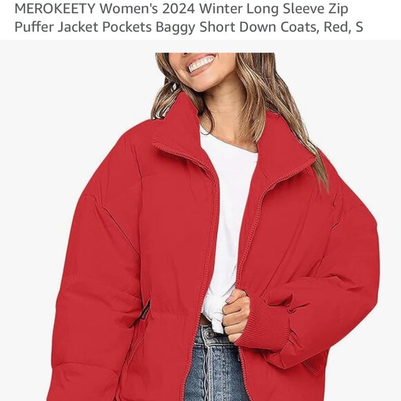 MEROKEETY Women's Winter Long Sleeve Zip Puffer Down Coat in Red Size Small - Picture 8 of 11